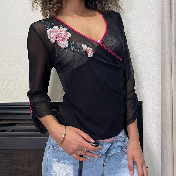 Vintage 00s sheer black mesh wrap blouse with sequin and embroideries (M) - Picture 5 of 9